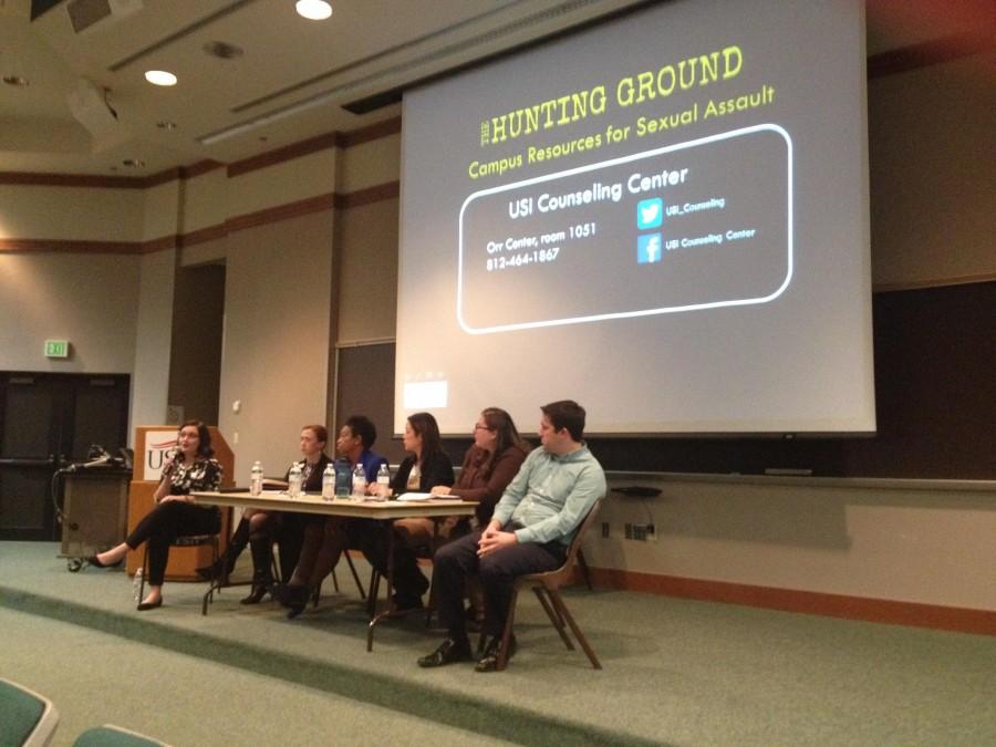 Panelists reflect on “The Hunting Ground” following a screening Tuesday in Mitchell Auditorium. Audience members asked the panelists questions aloud or submitted a sensitive or anonymous question in writing.