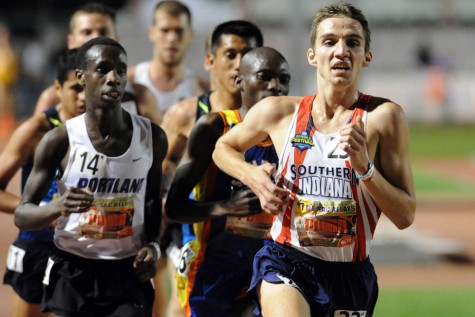 Former USI runner Dustin Emerick leads the pack during the Division II National Championship. The assistant track and field and cross country coach at USI is set to run the Olympic Trials Marathon in California Feb. 22.