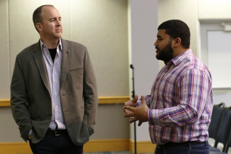 Senior Finance major Terrance Lewis asks Doug Field, vice president, engineering, Tesla Motors, Inc., for advice on his career path in Carter Hall on Monday. Field was invited to speak on campus and is serving as the 2016 Executive in Residence for the Romain College of Business. 