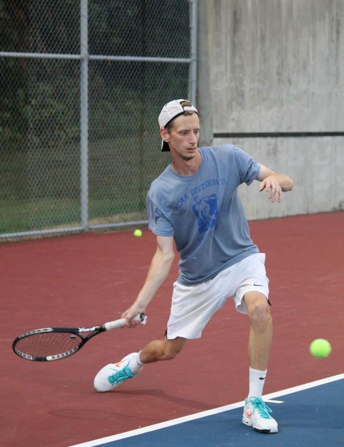 Senior Joel Stern prepares to return a volley over the net during a practice during the fall semester. 