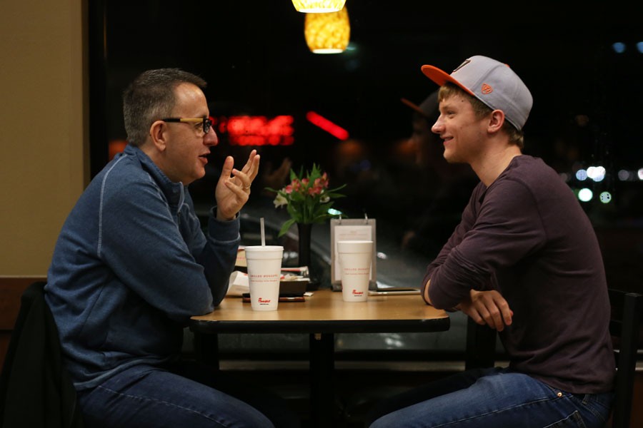 Tracy Gorman (left), the CEO of Evansville Rescue Mission, and Blake Kinkade (right), a freshman business administration major, converse after finishing up their meal at Chick-fil-A Cross Point on Tuesday. 