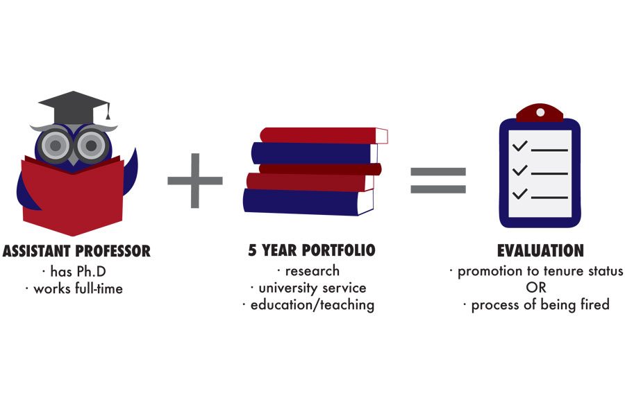 Once hired on the tenure track as an assistant professor, a faculty member spends five years developing a portfolio to present to his or her department. During the sixth year, the faculty member is evaluated and the Board of Trustees either grants tenure or gives the faculty another year before terminating employment.