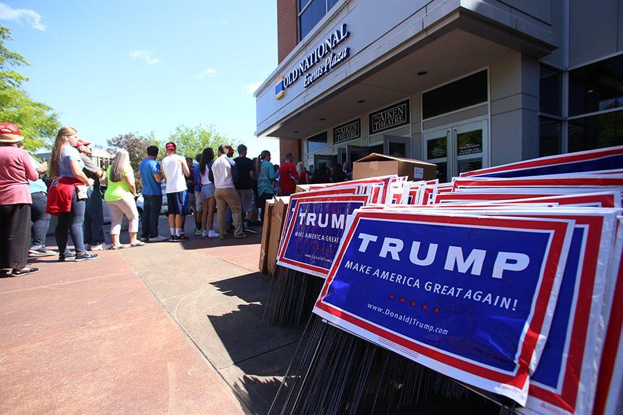 Thousands of people wait in line to enter the republican presidential candidate Donald Trump’s rally at the Old National Events Plaza in downtown Evansville on April 28, 2016. 