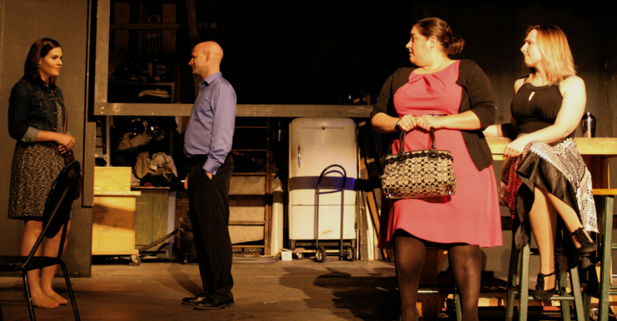 Christina Hauger (Thalia), Jim Hunter (Tim), Melissa Henning (Sonia) and Devin Victoria McBride (Charlotte) rehearse a scene from The Conversation of the Keys. Hunter is also directing the play.