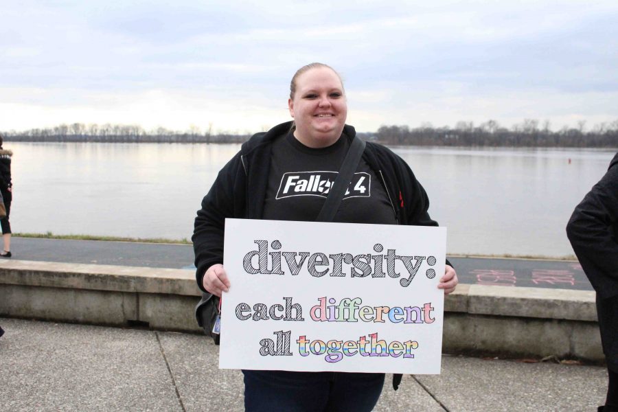 Lizz+Barnes%2C+a+part+of+the+revolutionary+diversity+group+in+Evansville+hopes+for+positive+change+and+not+negative+at+the+Rally+for+Diversity+Friday+afternoon.