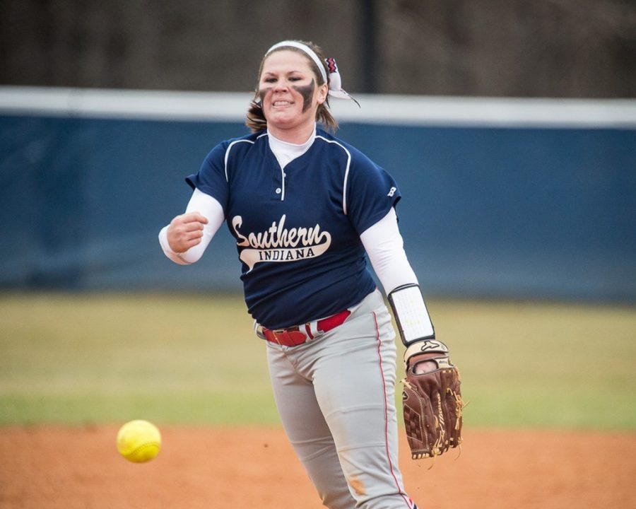 Sophomore Caitlyn Bradley pitches during a game against Trevecca Nazarenne in 2016 at the USI baseball fields.