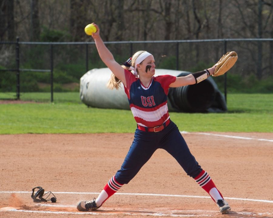 Freshman+Jennifer+Leonhardt+winds+up+to+throw+a+pitch+during+a+game+last+weekend.+Leonhardt+was+named+GLVC+Pitcher+of+the+Week+for+the+third+time+this+season.+