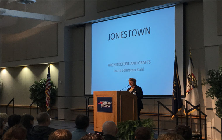 Laura Johnston Kohl, a Jonestown survivor talks about her experience in the People’s Temple Monday night in Carter Hall. 