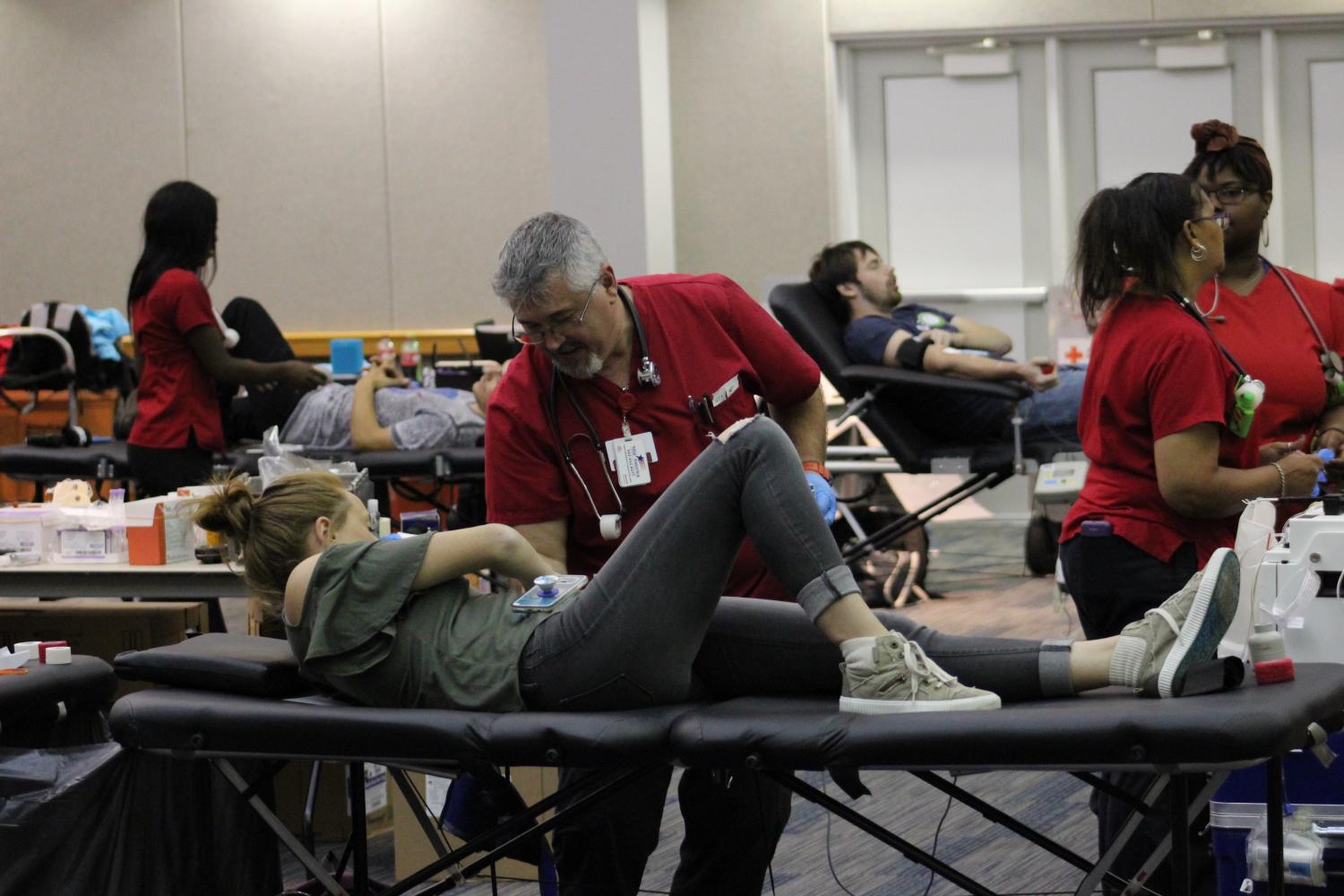 Students filed into Carter Hall to donate blood Monday afternoon. The event was hosted by Delta Zeta and Kappa Alpha and the American Red Cross. 