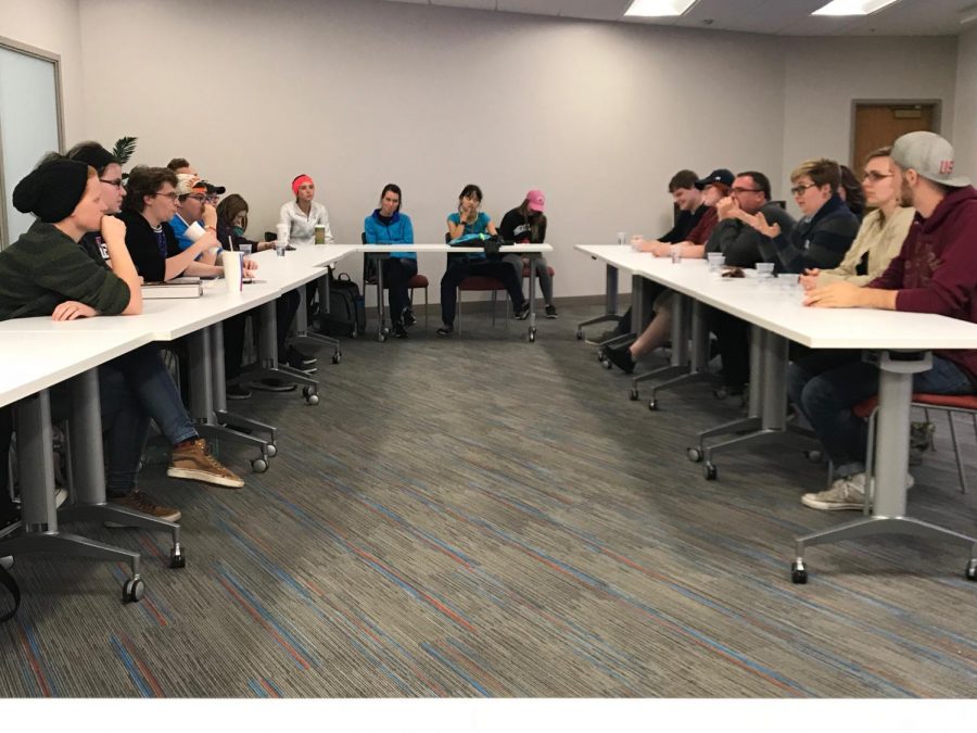 Students and SAGA members participate in a panel discussion about how to be religious and also be involved in the LGBTQ community. Panel discussion leaders helped facilitate discussions, guide, and ask questions. 