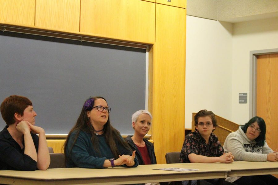 Mary Stoll, Associate Professor of Philosophy, answers a question from the audience in response to the National Geographic documentary “Gender Revolution: A Journey with Katie Couric. Stoll sat on the panel with two other university faculty members, and two SAGA students. 