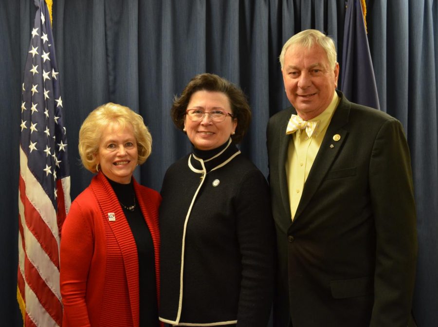 State senators Vaneta Becker (R-left) and Jim Tomes (R-right) pose with President Linda Bennett (middle) following the state Senate honoring her with a resolution Feb. 12.