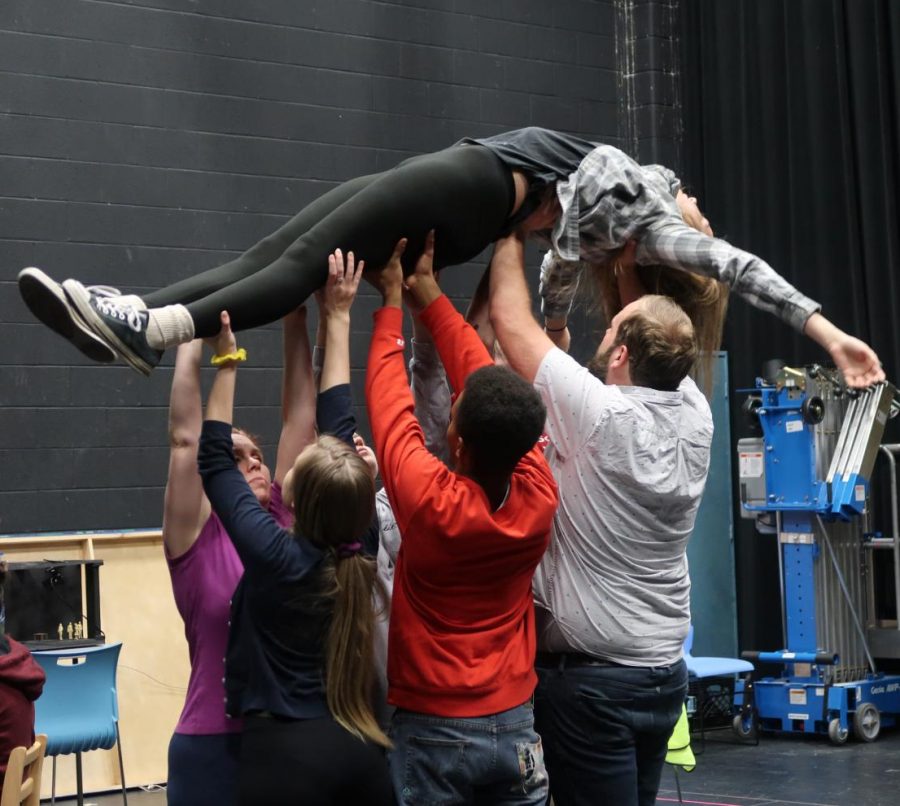 Cast members lift Christopher Boone during choreography. "The Curious Incident of the Dog in the Night-Time" will show Thursday-Sunday. 