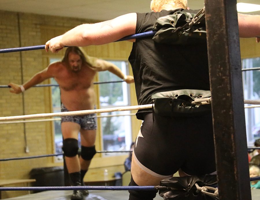 Kyle Pipher prepares to charge his opponent, Dirty Dave, during the IWAU match.