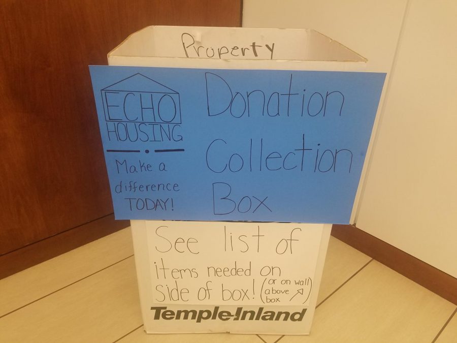 Items will be collected for ECHO Housing Corporation in this box outside the Social Work Department.