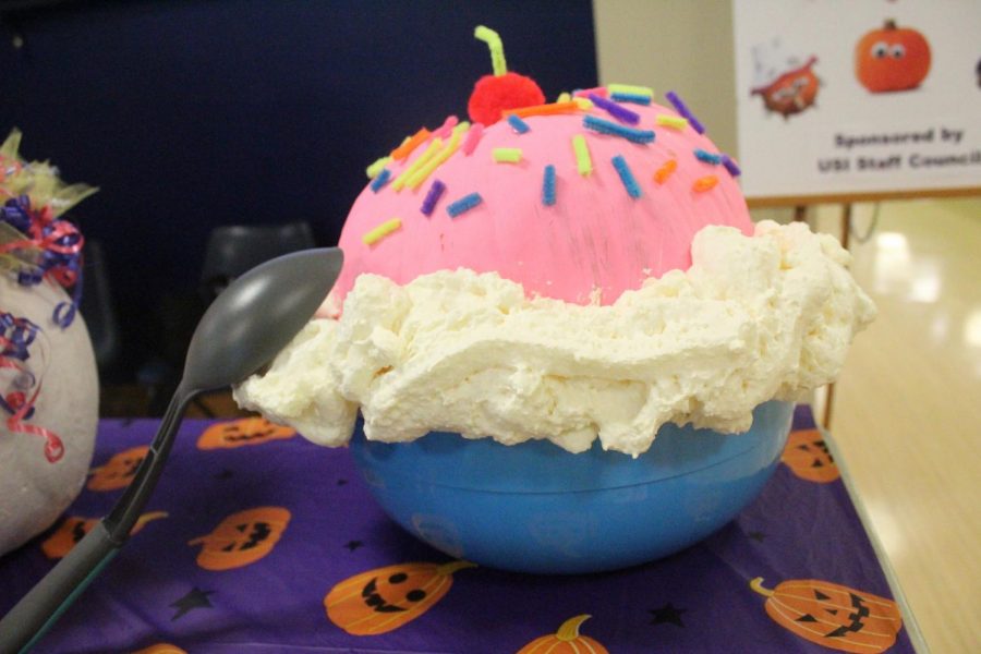 This ice scream scoop pumpkin created by Career Services team won first place at the Staff Councils fourth annual pumpkin contest.