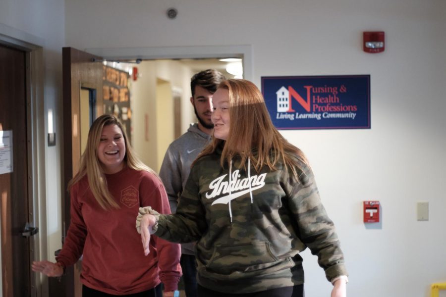 Freshman Nursing students Sophie Mckinney (left), Jayden Fleetwood (center) and Sonography major Whittney Norris (right) leave their Nursing and Health Professions LLC in Ruston Hall Nov. 12.