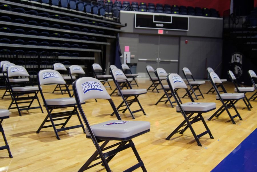 Distanced seats in the Screaming Eagles Arena.