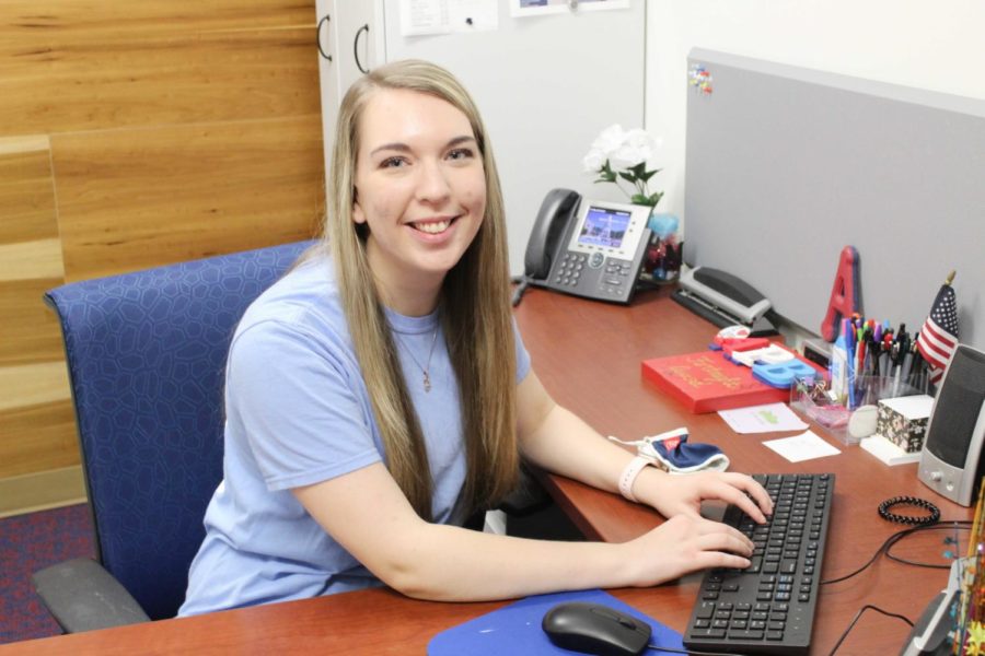  President of activities Programming Board, Hayley Kaelin works in her office in the Student Life Lounge in University Center East.