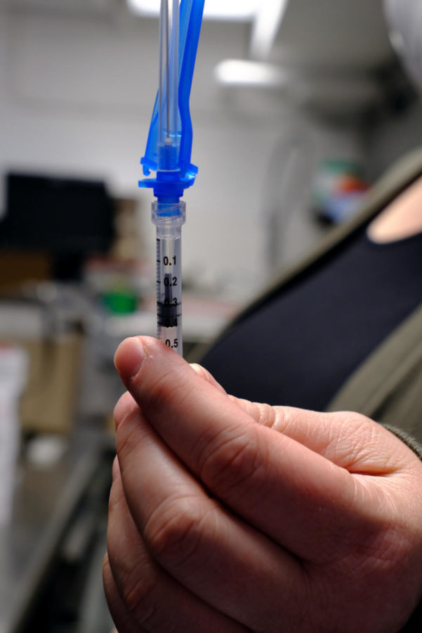 Students and individuals in the university community will not be required to get the COVID-19 vaccine. This saline drawn syringe from the April vaccination clinic in the Screaming Eagles Arena represents the amount of the Pfizer vaccine administered in each dose. 