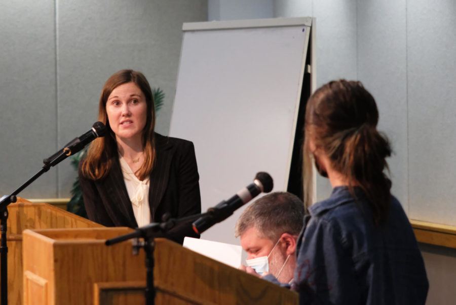 Ellie Kiesel, president of Students For Life, responds to Noelle Harrington, a freshman English major, in Carter Hall Wednesday. Harrington got up to speak after Kiesel opened the floor to attendees wanting to discuss the topic of abortion. 