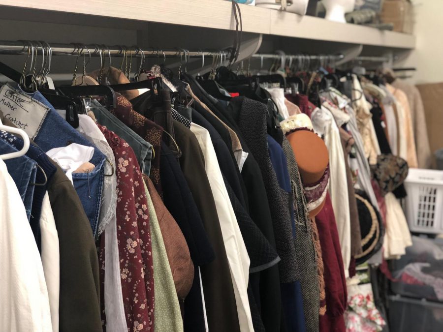 In the costume room, a large clothing rack is entirely dedicated to costumes for “A Christmas Carol.” “A Christmas Carol” is USI Theatre’s first large scale in-person production since COVID-19.