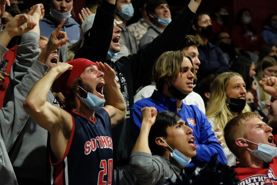 Fans cheer in student section of Screaming Eagles Arena monday. 
