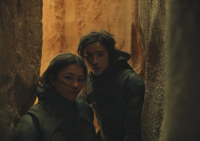 Dune is set in the year 10, 191. Paul Atreides (Timothée Chalamet) and Chani (Zendaya) walk in one of Pauls dreams about the future. 