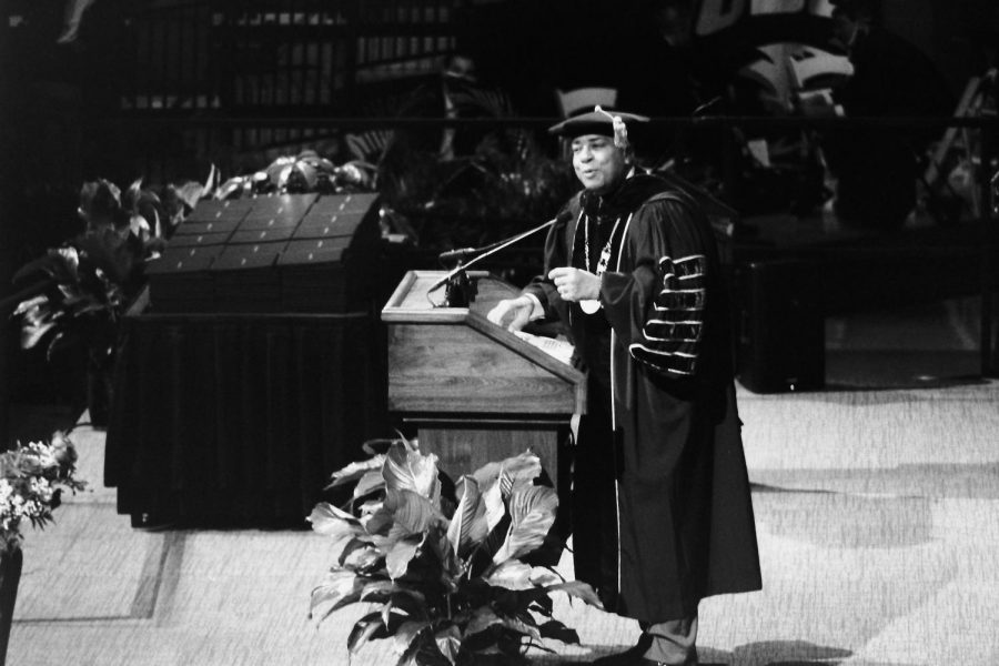 President Ronald Rochon gives his opening remarks during the first 2021 commencement ceremony on Saturday.