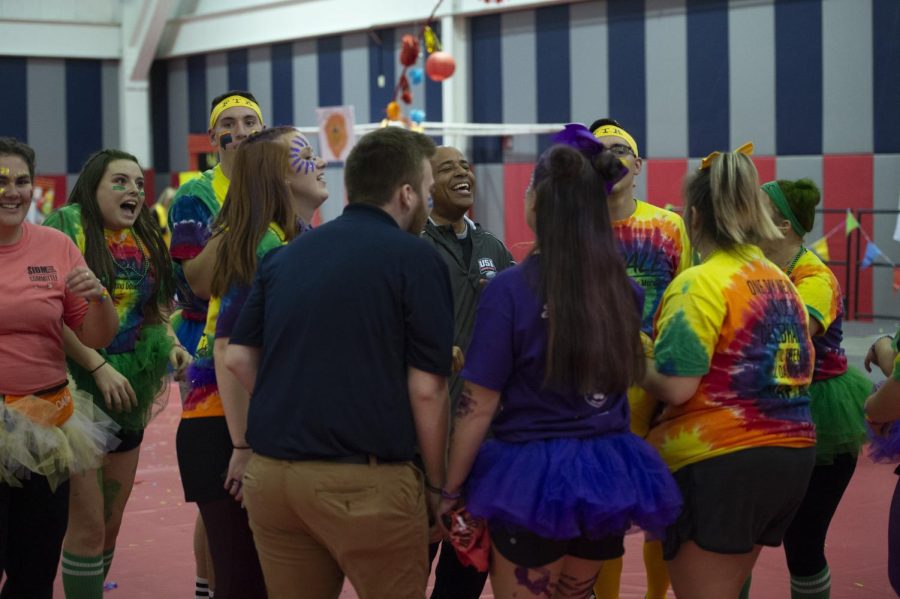 President Ronald Rochon smiles with students at the Dance Marathon in the Recreation, Fitness and Wellness Center Nov. 17, 2018.