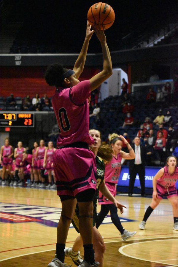 Ashley Hunter, a fifth-year senior, goes up for a shot Saturday afternoon. Hunter scored 7 points for the Eagles.