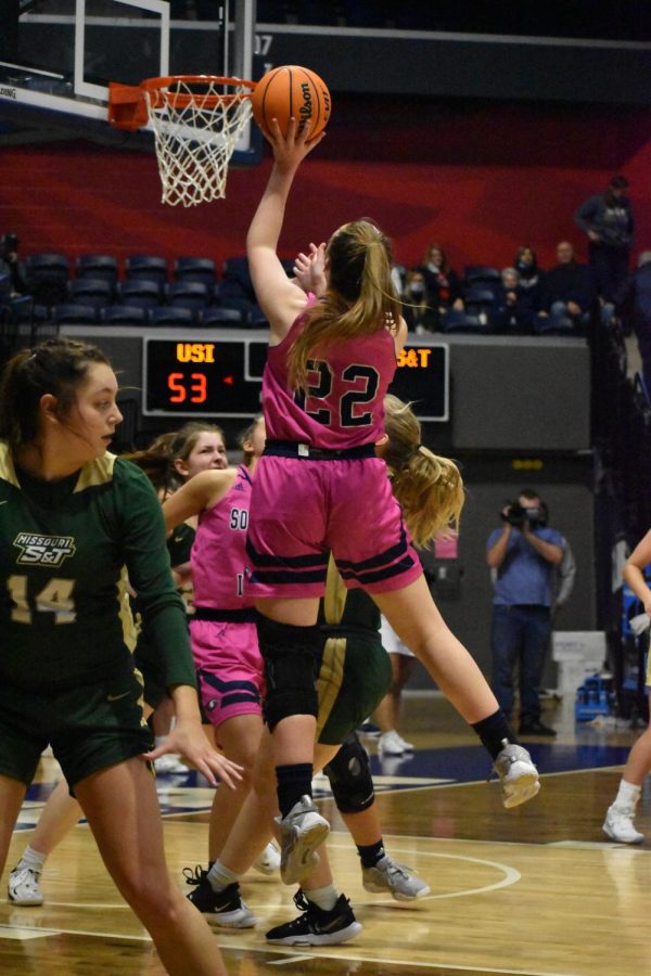 Sophomore forward Meredith Raley goes up for a shot Saturday afternoon. Raley led the game with 18 points.