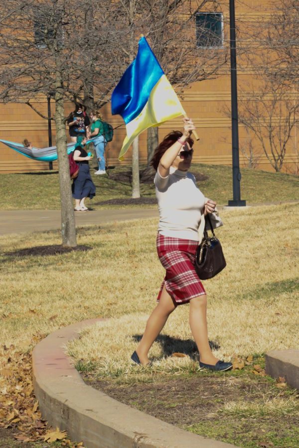 Luba Piechn, an Evansville resident from Ukraine came to USI to join the protest. She proudly waved her Ukranian flag and handed flags to several of her fellow protestors.