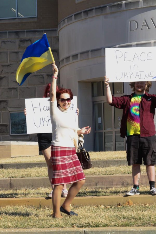Luba Piechn, an Evansville resident from Ukraine came to USI to join the protest. She proudly waved her Ukranian flag and handed flags to several of her fellow protestors.