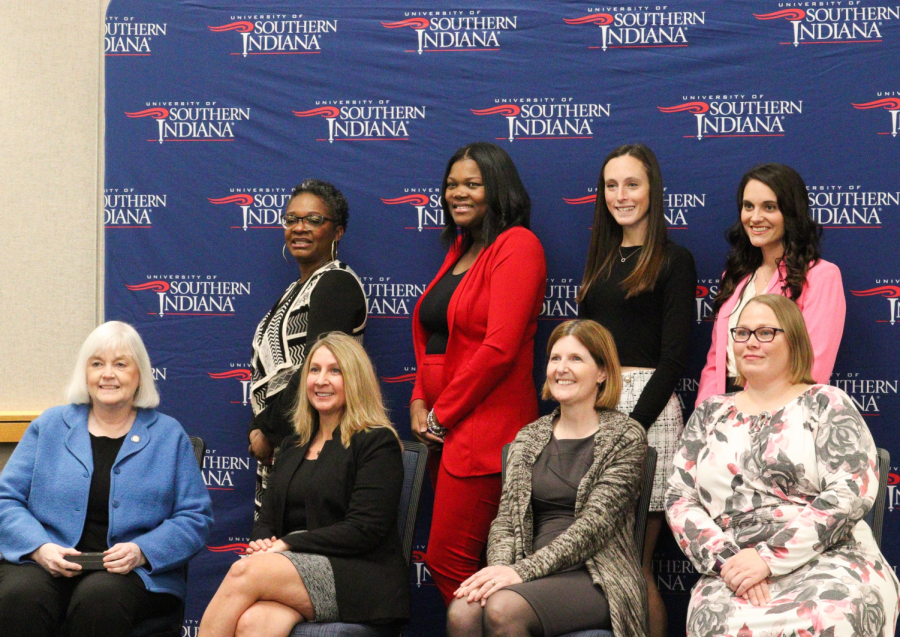 USI Recognizes nine Phenomenal Women on campus and in the community at large. Top row from left to right: Denise Johnson-Kincaid, Trinisia Brooks, Megan Wagler, and Jillian Brothers. Bottom row: Ann White, Renee Frimming, Paige Walling and Christy Ski. Not pictured: Paola Marizan.