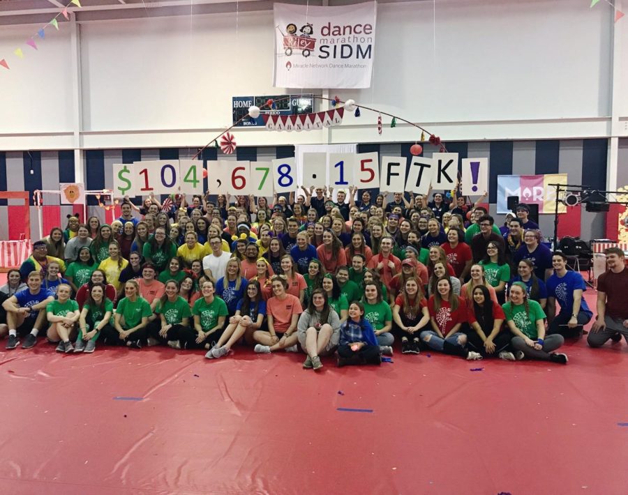Students celebrate raising nearing $105,000 after 10 hours of dancing at the 2018 dance marathon.