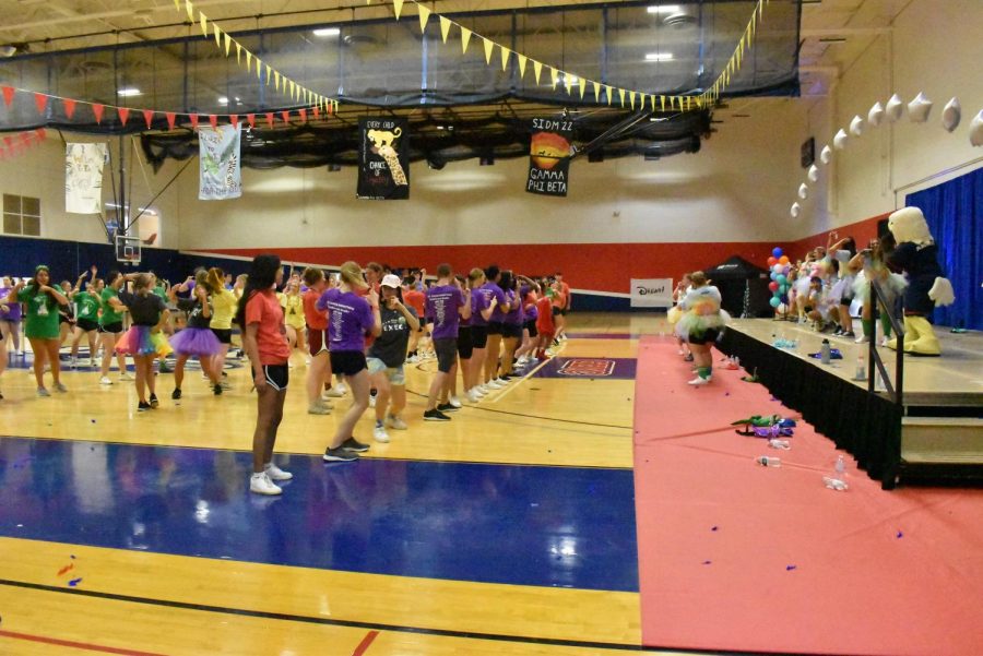 Archie and the Southern Indiana Dance Marathon morale team leads participants in a dance at the Southern Indiana Dance Marathon 2022 Saturday afternoon. The dance marathon helps raise support and awareness for the local Children’s Miracle Network Hospital.