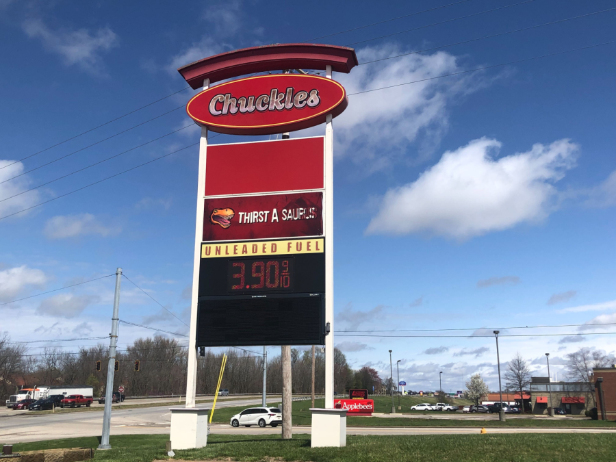 The price of gas at the Chuckles gas station just off of campus on April 6. The cheapest gas nearby is in Henderson, Ky. 