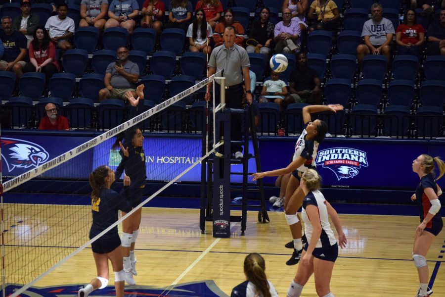 Bianca Anderson, freshman middle hitter, hits an outside kill against Murray State University on Friday. Anderson finished with six kills for the match.