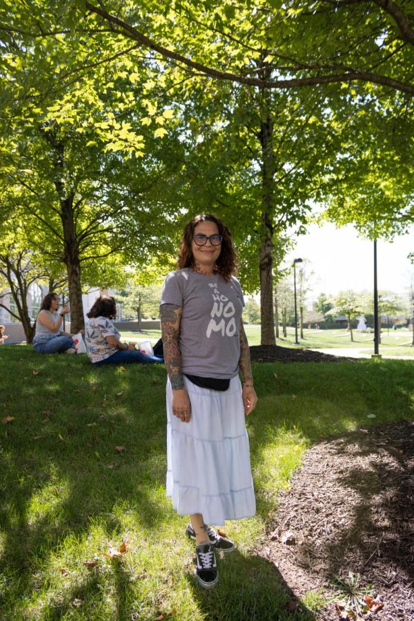 Sister Jennifer Arves, Sister Cindys friend, poses for a picture on The Quad before Sister Cindy arrives Wednesday.