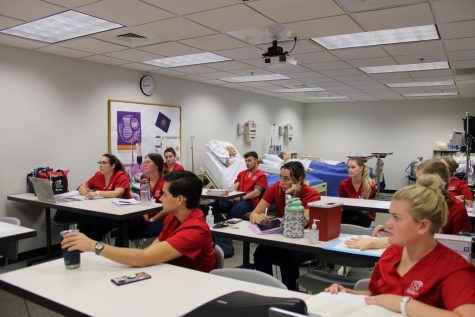 A group of nursing students meet for class in the Health Professions Center Sept. 7.