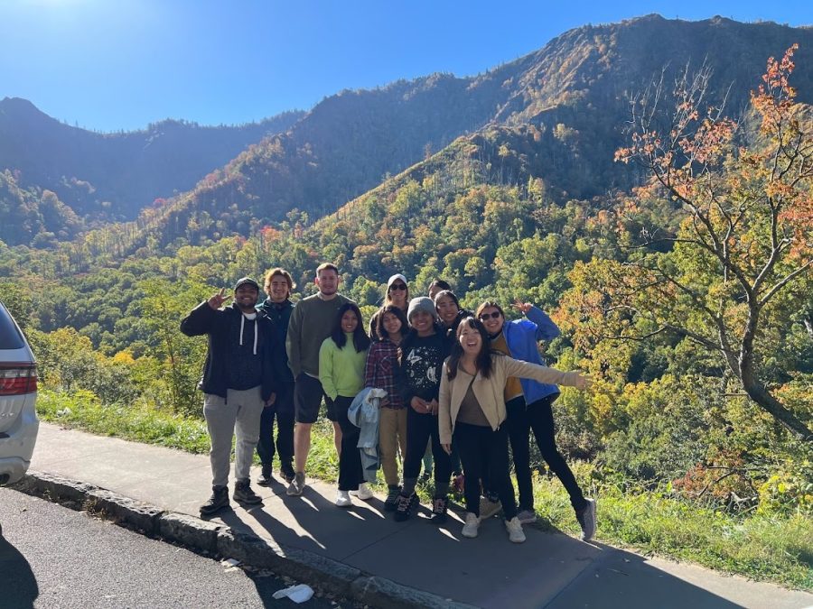 Students pose in front of mountains in the Great Smoky Mountain National Park during Fall Break. (Photo courtesy of Mark Gregory)