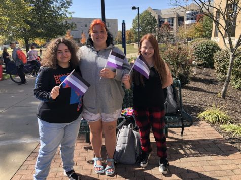 (Left to right) Katharine Flener, freshman respiratory therapy major, Sarah Lime, freshman biology major, and Jean Marcoux, freshman radiology major, hold asexual pride flags at PrideFest on The Quad Friday. (Photo by Alyssa DeWig)