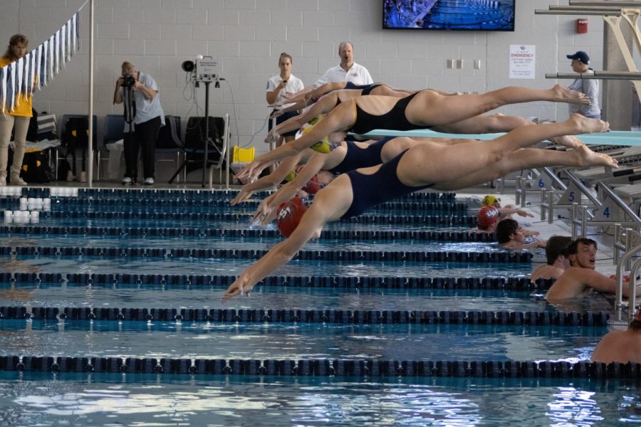 The womens swim team dives into the water competing against Valparaisos womens team in the Aquatic Center Saturday.