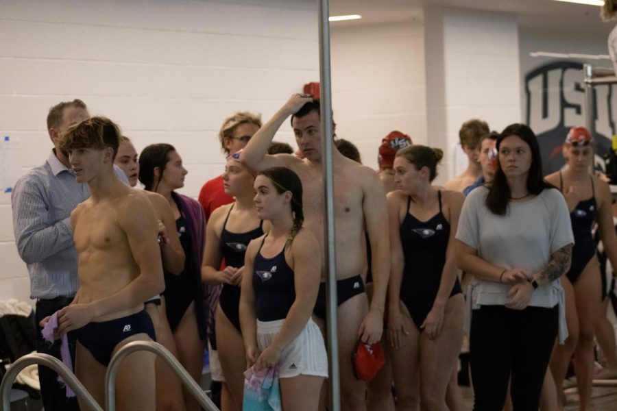 The mens and womens swim and dive team prepare to compete against Valparaiso in the Aquatic Center Saturday.