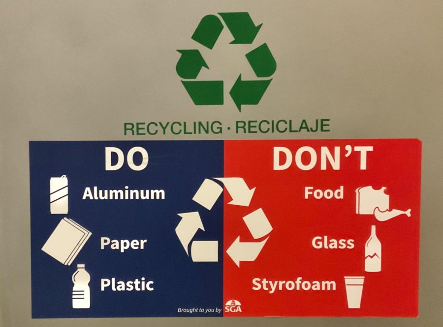 Labels on recycling bins show what can and can not be recycled.