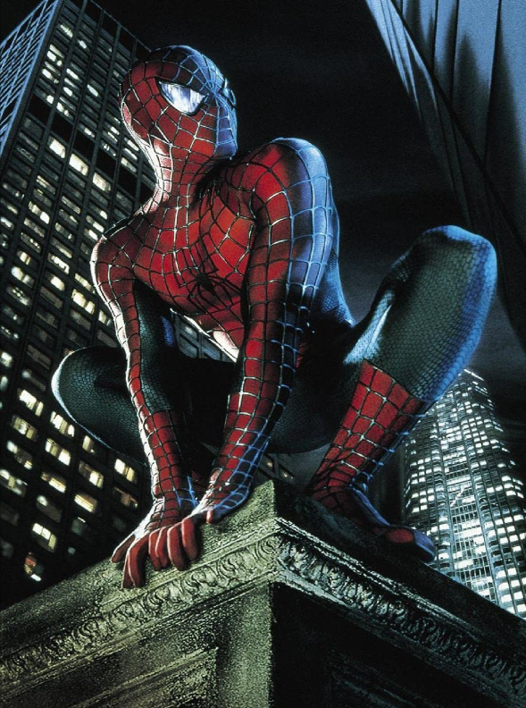 Spider-Man perches on a rooftop. The success of Spider-Man at the start of the millennium led to a trend of superhero films for the next two decades.