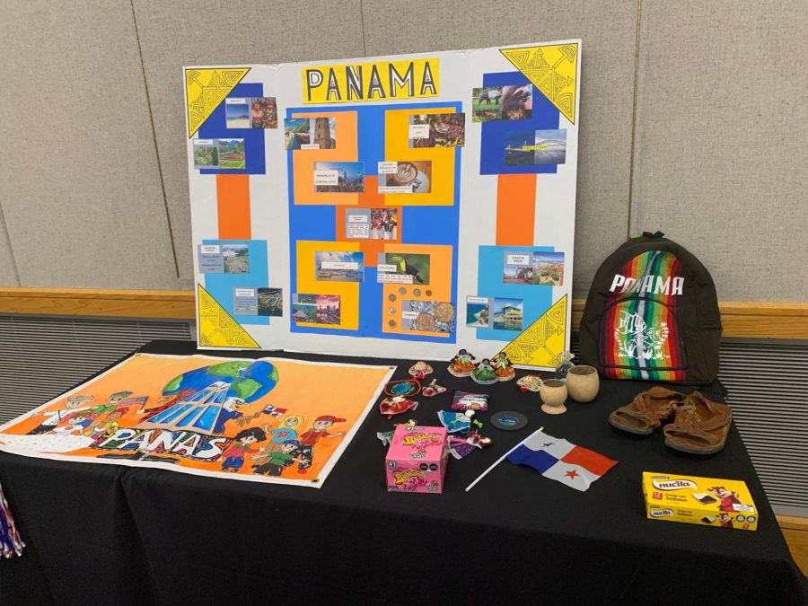 Panamanian posters, candies and other items sit upon a table at the PANAS Connection event in Carter Hall Thursday. (Photo by Anthony Rawley)
