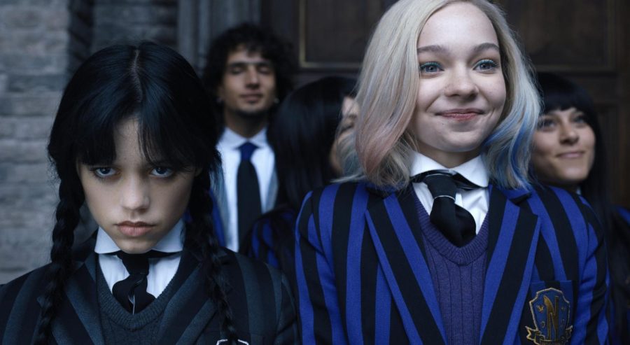 Wednesday+%28Jenna+Ortega%29+and+Enid+%28Emma+Myers%29+are+roommates+at+Nevermore+Academy.+Enids+bright+personality+contrasts+Wednesdays+dark+one.+%28Photo+courtesy+of+Netflix%29