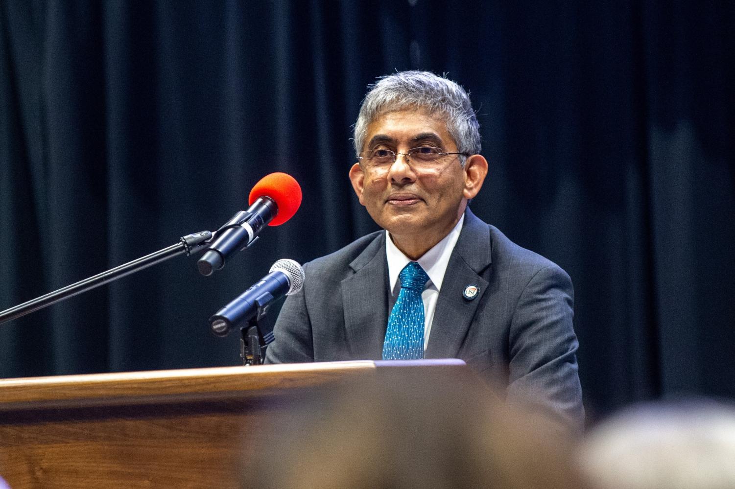 Provost Mohammed Khayum announces retirement at professional development day on Jan. 4 at the Screaming Eagles Arena. Khayum's retirement will begin Jan. 1, 2024. (Photo courtesy of Elizabeth Randolph)